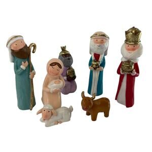 Resin Nativity Figures 7 PC Whimsical Handpainted 1-6" Christmas Decor Childlike